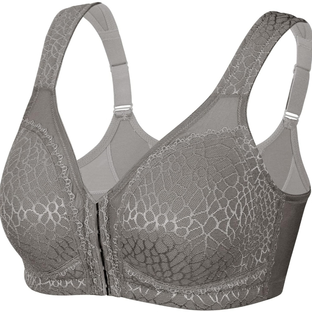 Lace Front-Closure Bra - Gray